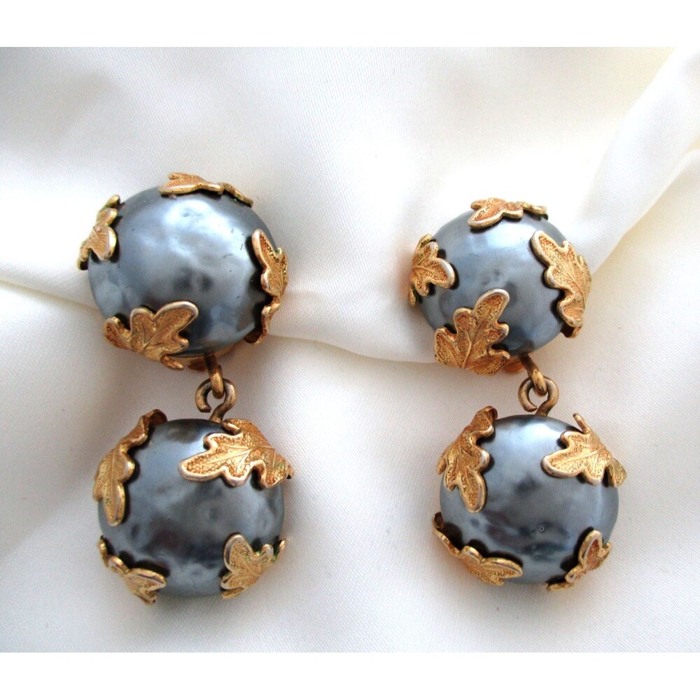 Dominique Aurientis Paris vintage baroque silver pearl clip earrings gold leaf